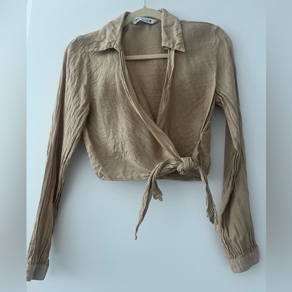 Zara Tan Beige Linen Wrap Blouse Size XS